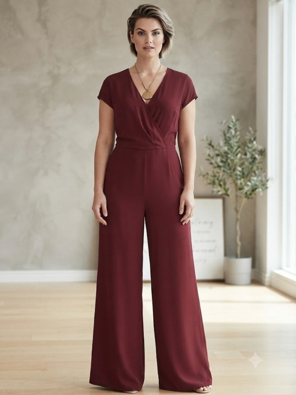 Women's V-Neck Wide-Leg Jumpsuit - Burgundy